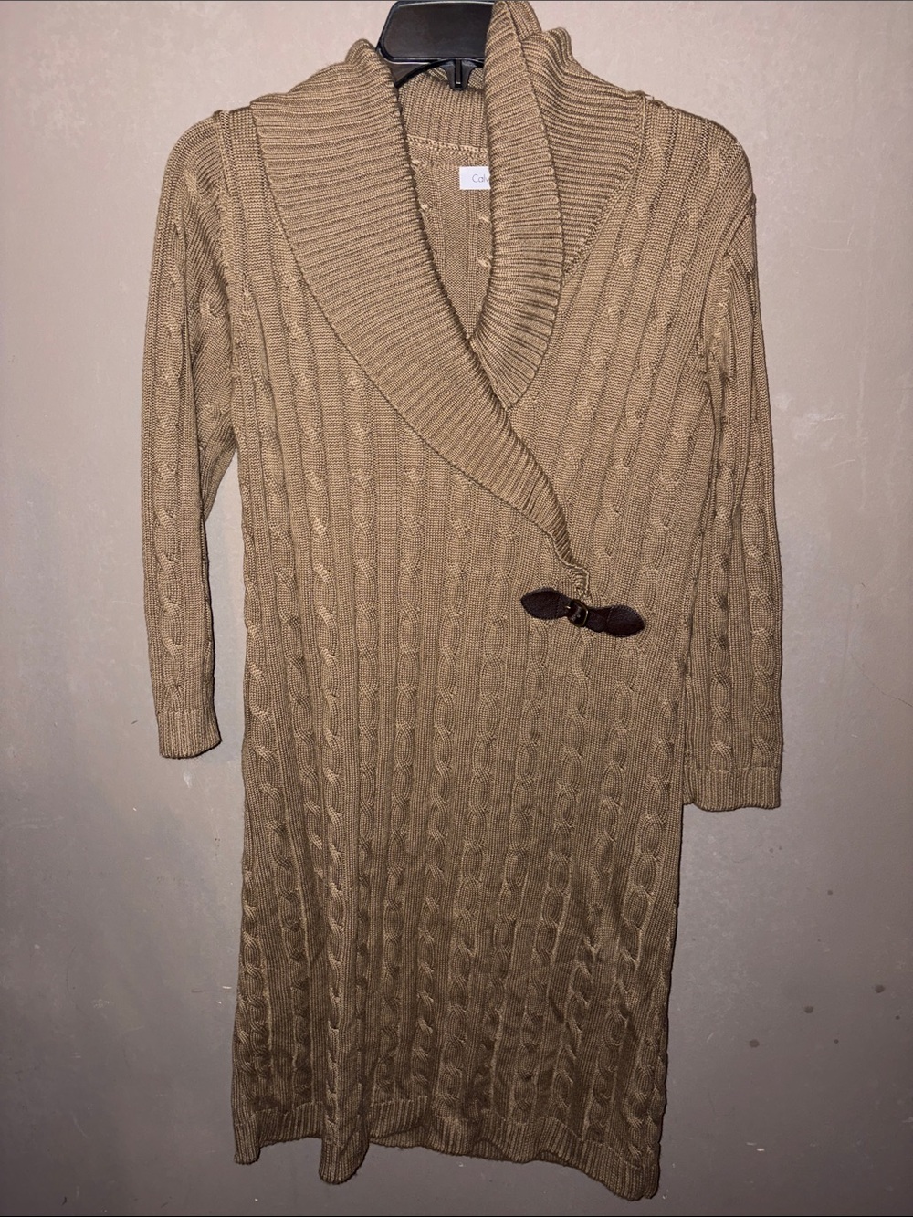 Cozy Shawl Collar Cable Knit Sweater Dress - Camel
